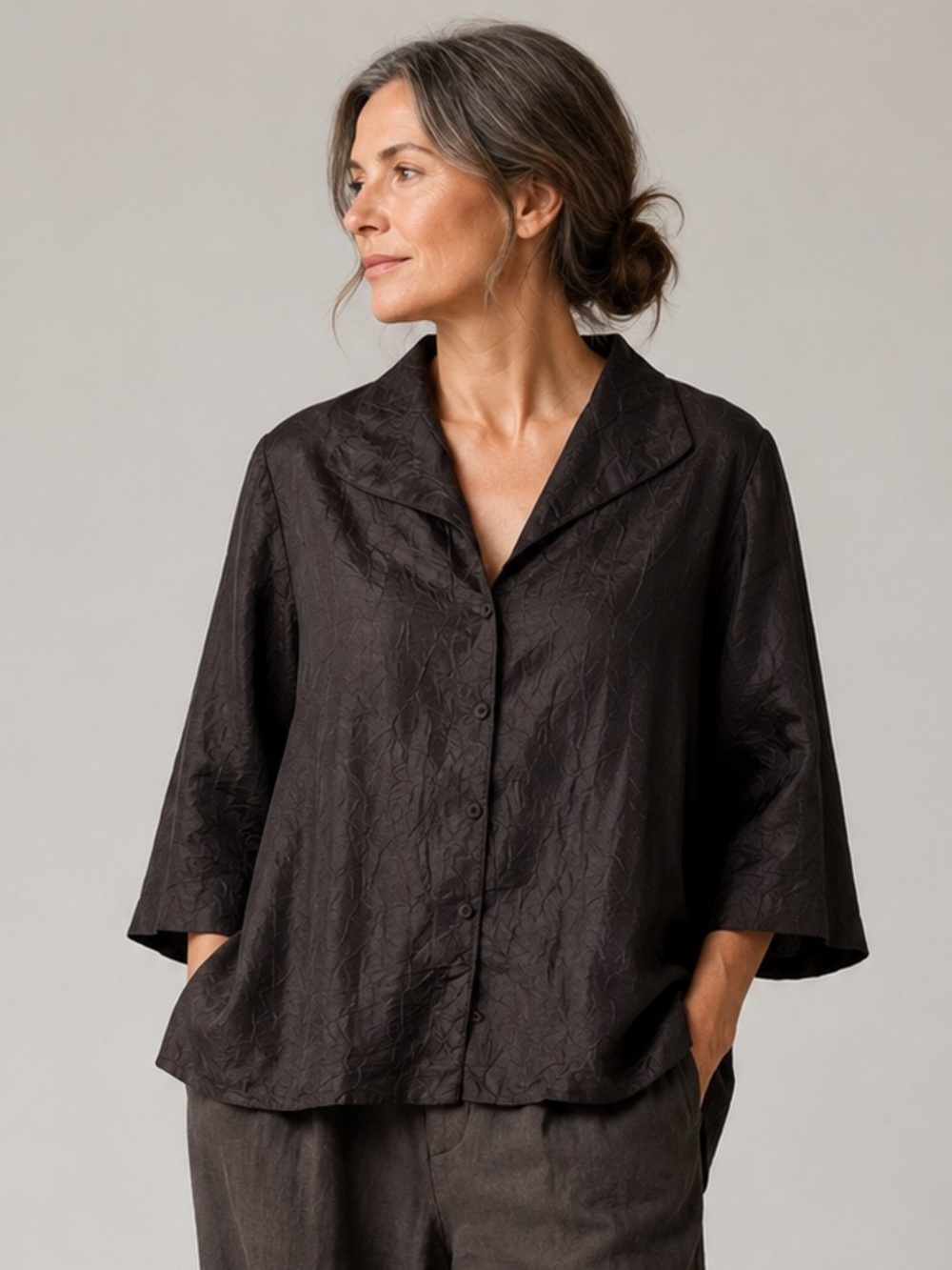 Eileen Fisher brown silk textured button up top size medium boxy 3/4 sleeves